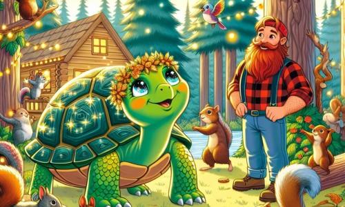 Trixie, une tortue pétillante à la carapace ornée de fleurs dorées, coordonne une fête de la nature. À ses côtés, un bûcheron barbu admire les préparatifs, hache en main et sourire aux lèvres. Des écureuils malicieux apportent des brindilles et des feuilles colorées, tandis que des oiseaux chantent dans les arbres. La scène se déroule dans une forêt enchantée, sous la lumière dorée du soleil couchant, où Trixie et ses amis décorent des maisons en bois pour célébrer l'amitié entre animaux et humains dans une ambiance festive.