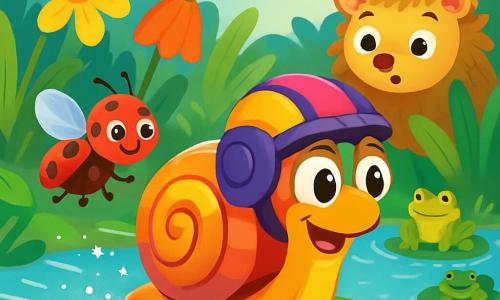 Un escargot nommé Gustave, avec une coquille colorée, glisse sur une feuille de nénuphar, ses yeux brillants d'excitation. Il porte un casque de pétales de fleurs et sa bave scintille au soleil. À côté, une coccinelle rouge, Lola, vole joyeusement et encourage Gustave. Un hérisson aux piquants dorés, surpris, les observe. Le jardin est luxuriant, rempli de fleurs et d'une mare où des grenouilles coassent. Gustave, déterminé, défie les autres animaux pour remporter la Feuille-d'Or.