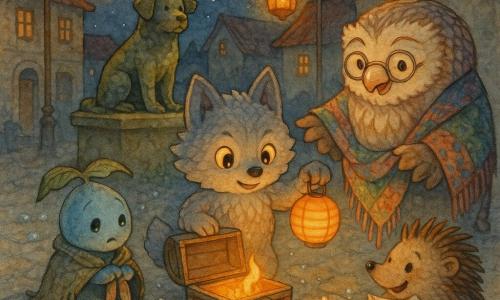 Luno, un petit loup gris aux yeux brillants, tient une lanterne en papier et pose la main au-dessus d’un petit coffre d’où s’élève une flamme dorée ; à genoux près du coffre, une petite créature de brume et de feuilles, timide et émue, serre un ruban de givre fondu. Mme Chouette, vendeuse de chapeaux, sourit depuis le bord de la place tandis que le facteur hérisson, une pile de lettres à la main, offre une missive en souvenir. La scène se déroule sur une place pavée de village, nuit claire avec lune basse et une statue de chien moussu au centre, lanternes suspendues diffusant une lueur orange : la Flamme des Souvenirs réchauffe et fait fondre le givre en gouttes scintillantes, créant une atmosphère à la fois légèrement inquiétante et réconfortante.