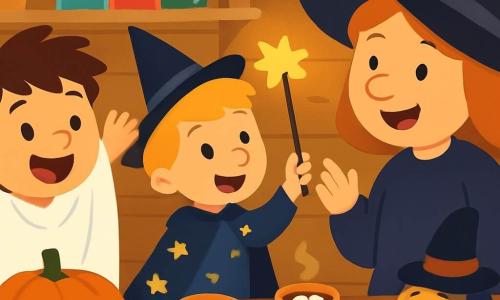 Il y a deux personnages principaux : Max, un garçon de 7 ans avec des cheveux bruns en bataille et un drap blanc qui lui donne l'apparence d'un fantôme, souriant avec des yeux curieux, et Léo, un garçon de 6 ans aux cheveux blonds, portant un chapeau pointu noir et une cape de sorcier ornée d'étoiles dorées, tenant une baguette magique. Ils se trouvent dans une petite cuisine chaleureuse avec des murs en bois, des étagères de potions colorées, des citrouilles souriantes sur la table et des bougies illuminant la pièce. Max et Léo chantent joyeusement avec une gentille sorcière au nez rond et au sourire amical, entourés de tasses de chocolat chaud et de biscuits en forme de chauves-souris, créant une atmosphère magique et festive.