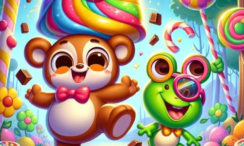 Pipo, un petit bonhomme aux grandes oreilles et au sourire éclatant, danse joyeusement sous une pluie de chocolat, ses bras levés vers le ciel. À côté de lui, Gigi, une grenouille avec des lunettes de soleil, saute de joie, éclaboussant des gouttes de chocolat. Boum-Boum, un gros ours au pelage brun, jongle avec des chocolats en riant. La scène se déroule dans une forêt enchantée, avec des arbres en bonbons et des fleurs chantantes, tandis qu'un énorme bonbon géant brille au centre, créant une ambiance de fête et de magie.