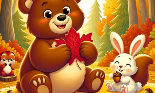 Un ours nommé Oscar, avec un pelage brun et des yeux pétillants, est assis sur un tapis de feuilles colorées, tenant une grande feuille rouge. Il sourit, débordant d'excitation. À côté, un petit lapin aux grandes oreilles blanches ramasse une feuille jaune brillante, tandis qu'un écureuil roux, perché sur une branche, les observe en tenant un marron. La scène se déroule dans une forêt enchantée aux arbres ornés de feuilles dorées, rouges et orange, sous la lumière douce du soleil d'automne. Oscar et ses amis créent un collage d'automne avec des feuilles colorées, riant et s'amusant ensemble.