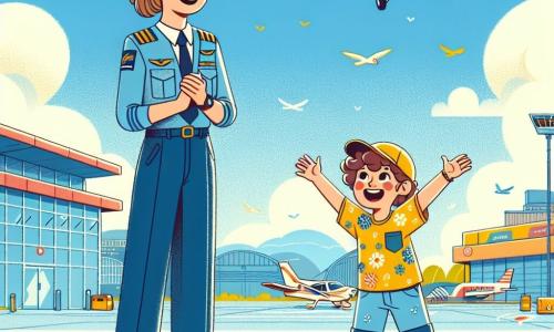 Clara, jeune pilote en formation d'environ 20 ans, souriante avec des cheveux châtains en queue de cheval, porte un uniforme bleu et un chapeau. Elle est prête à décoller à côté d'un petit avion sur le tarmac. À ses côtés, Lucas, un garçon de 8 ans aux cheveux bouclés et aux yeux brillants, porte un t-shirt jaune et des shorts. Il saute de joie, rêvant de voler un jour. L'aéroport est ensoleillé avec un ciel bleu clair et quelques nuages. Clara explique à Lucas comment piloter un avion, tandis qu'il l'écoute attentivement, admiratif.