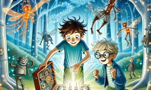 Un garçon de 10 ans, Félix, avec des cheveux bruns en bataille et un sourire espiègle, se tient au centre de la scène, les yeux brillants d'excitation. Il porte un t-shirt bleu et un short vert, manipulant une boîte lumineuse émettant une douce lueur bleutée, avec des engrenages dorés visibles à l'intérieur. À ses côtés, son meilleur ami Hugo, également âgé de 10 ans, aux cheveux blonds et lunettes rondes, l'observe avec émerveillement. La scène se déroule dans une clairière magique, entourée d'arbres argentés et de fleurs luminescentes. Des créatures fantastiques dansent autour d'eux. Félix utilise la boîte pour canaliser une énergie lumineuse vers un portail magique défectueux, prêt à s'ouvrir sur une dimension parallèle.