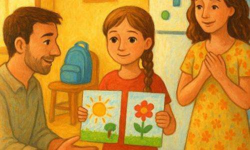 Une cuisine familiale lumineuse en fin d’après‑midi : au centre, une fille de 10 ans au visage rond et tresse châtain clair, yeux brillants, timide et fière, tend deux dessins colorés ; à gauche, le père d’environ 38 ans, cheveux courts et barbe légère, assis bras ouverts, sourire doux et ému, regarde la fille ; à droite, la mère d’environ 36 ans, cheveux mi‑longs ondulés en robe fleurie, sourit tendrement, mains croisées sur la poitrine, près d’un frigo blanc avec aimants ; table en bois clair, carnet et crayons éparpillés, sac à dos et casque bleus sur une chaise en arrière‑plan. Palette chaude (jaune pâle, orange, rose), touches de bleu, texture de coups de pinceau acrylique, contours légèrement naïfs : une scène intime et rassurante montrant la fille offrant ses dessins comme geste de paix.