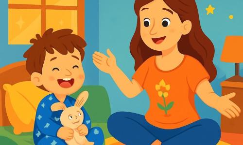 Un petit garçon de 4 ans, avec des cheveux bruns en désordre et des yeux curieux, est assis sur un lit de mousse verte, souriant. Il porte un pyjama bleu avec des étoiles blanches et serre un doudou lapin. À côté de lui, sa maman, une femme d'environ 30 ans aux cheveux châtains, est assise en tailleur sur le tapis, lui montrant la posture du papillon. La chambre est chaleureuse, avec des lumières douces, des coussins colorés et des murs bleu pastel. Le garçon rit en imitant les ailes d'un papillon, tandis que sa maman l'encourage, créant une atmosphère de calme et de bonheur.