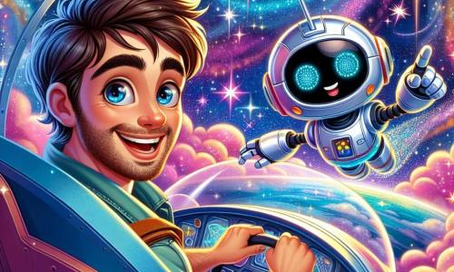 Un homme nommé Léo, avec des cheveux bruns et des yeux curieux, est assis dans le cockpit de son vaisseau spatial bleu. Il sourit avec excitation en regardant à travers le hublot. À ses côtés, un robot nommé Pip, avec un corps argenté et des yeux lumineux, pointe une étoile brillante dans le ciel. Le vaisseau navigue à travers un paysage spatial rempli d'étoiles, de planètes colorées et de nébuleuses roses et violettes. Léo et Pip découvrent une lune perdue, entourée d'étoiles dansantes, tandis que le vaisseau glisse doucement dans l'espace, créant une ambiance magique et aventureuse.