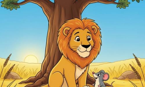 Un lion assis sous un grand baobab, visage doux et ému, crinière dorée, yeux expressifs et petite bouche souriante, pattes sur le sol sablé; une souris grise ronde nommée Mimi, oreilles roses et petite queue, debout près de la patte du lion, regard joyeux; le baobab massif au tronc rugueux et racines apparentes, quelques branches à feuilles vert foncé; savane jaune dorée aux herbes ondulantes, quelques rochers, ciel bleu clair et soleil à l’horizon; scène centrée, calme et rassurante, couleurs vives, traits doux et formes arrondies pour les tout-petits.