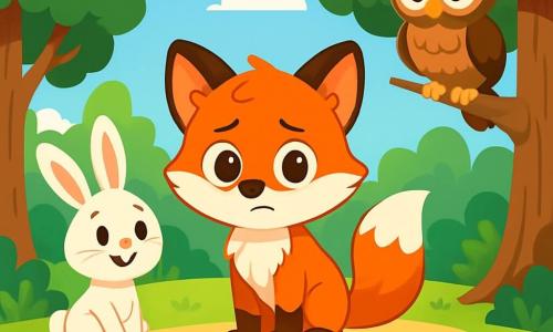 Un renardeau nommé Léon, avec une fourrure rousse et des yeux curieux, se tient au centre de la clairière, l'air inquiet mais déterminé, prêt à avouer son mensonge. À ses côtés, Lulu la lapine, au pelage doux et blanc, sourit et l'écoute. Mademoiselle Hibou, une chouette sage, observe la scène avec bienveillance. La clairière, entourée de grands arbres et de fleurs colorées, est baignée de lumière. Léon s'apprête à partager la vérité, tandis que ses amis l'écoutent attentivement, créant une atmosphère chaleureuse.