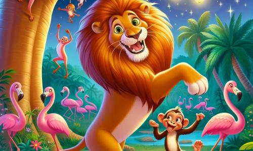 Un lion nommé Léon, avec une crinière dorée et des yeux curieux, danse sous un baobab, souriant. À ses côtés, un singe espiègle nommé Max saute de branche en branche, riant et encourageant Léon. En arrière-plan, des flamants roses dansent en cercle, ajoutant de la couleur à la scène. La jungle est vibrante avec des feuillages luxuriants et des fleurs colorées. Léon et Max célèbrent une fête joyeuse entourés d'amis animaux dans une ambiance festive.