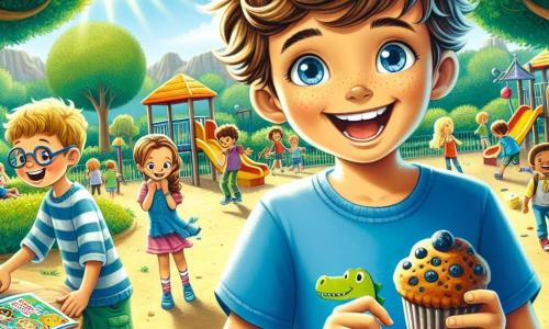 Au centre de l'image, Lucas, un garçon de 10 ans avec des cheveux bruns en bataille et un t-shirt bleu à motif de dinosaure, sourit avec excitation en tenant un muffin aux myrtilles. À sa droite, Emma, une fille de 9 ans aux cheveux bouclés dorés, montre fièrement un dessin coloré. À sa gauche, Tom, un garçon de 10 ans avec des lunettes et des cheveux châtains, partage une collation avec Lucas en riant. La scène se déroule dans une cour de récréation ensoleillée, entourée d'arbres verts et de jeux colorés, avec d'autres enfants jouant en arrière-plan. Lucas et ses amis partagent leurs collations pendant une pause, illustrant la joie de la rentrée scolaire et de l'amitié.