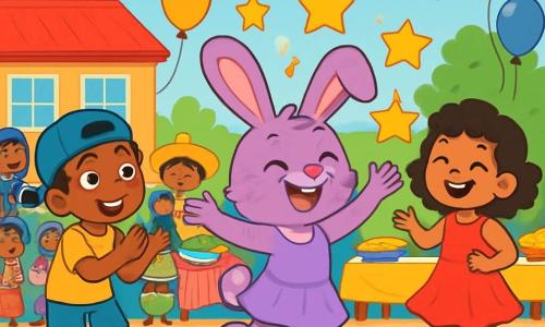 Lila, une lapine aux grandes oreilles et à la fourrure rose-violette, danse joyeusement sur scène, rayonnante de fierté. À ses côtés, Sami, un garçon à la peau caramel avec une casquette à l’envers, applaudit avec admiration, tandis qu'Ana, une petite fille aux cheveux bruns en robe rouge, danse avec grâce. La scène se déroule dans une cour d'école colorée, décorée de guirlandes et de ballons, où des enfants de toutes origines créent une atmosphère festive. Lila, au centre, fait léviter des étoiles en papier tout en chantant, entourée de ses amis qui dansent et encouragent, célébrant la diversité.