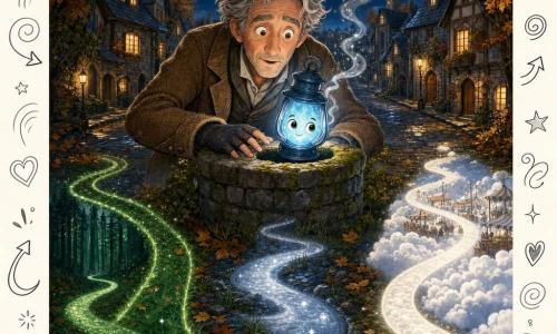 Éloi, homme d'une cinquantaine d'années au visage ridé et aux cheveux gris en bataille, penché près d'un vieux puits de pierre moussue dans un village nocturne d'automne, tient une petite lanterne bleutée animée (flamme douce aux petits yeux scintillants) qui éclaire trois sentiers lumineux dans l'herbe — un vers une forêt dense, un vers une rivière miroitante, un vers un marché de nuages — créant une atmosphère féerique contrastant avec les tons chauds des rues pavées et des feuilles dorées.
