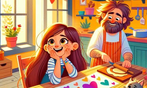 Lila, une fille de 8 ans aux longs cheveux bruns et aux yeux pétillants, est assise à une table en bois dans une cuisine ensoleillée. Elle sourit en tenant une feuille décorée de cœurs. À ses côtés, son papa, un homme d'une trentaine d'années avec des cheveux en bataille et des chaussettes dépareillées, prépare des crêpes en forme de cœur en riant. La cuisine, chaleureuse avec des murs jaunes et des fenêtres ouvertes, laisse entrer la lumière. Des ustensiles sont éparpillés sur la table, et leur chat Momo joue avec un rouleau à pâtisserie. Lila et son papa créent une playlist musicale pour la fête des pères, partageant un moment de complicité et de bonheur.