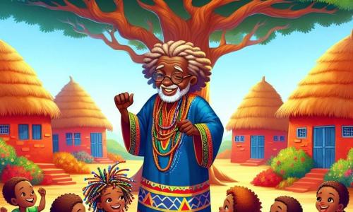 Au centre de l'image, Baba Kofi, un homme d'environ 70 ans, se tient sous un grand arbre. Il a la peau brune, des cheveux gris et porte une tunique colorée. Son visage exprime sagesse et douceur, et il sourit en accueillant les enfants autour de lui. Plusieurs enfants sont présents : une petite fille de 8 ans chante joyeusement, un garçon de 9 ans danse avec énergie, et une fillette de 7 ans dessine par terre. Le village africain est vibrant de couleurs, avec des maisons en terre cuite et un ciel bleu éclatant. Baba Kofi raconte l'importance de l'unité et de la diversité, tandis que les enfants chantent et dansent ensemble, créant une atmosphère joyeuse.