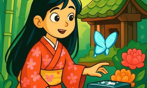 Une jeune femme nommée Akiko, âgée d'environ 15 ans, se tient au centre de l'image. Elle a de longs cheveux noirs et porte un kimono traditionnel aux motifs de cerisiers en fleurs. Son visage exprime une curiosité émerveillée, avec des yeux pétillants. À ses côtés, un papillon bleu lumineux vole gracieusement. En arrière-plan, un petit temple en bois, recouvert de mousse, est entouré de bambous et de pivoines, créant une atmosphère paisible. La lumière du matin filtre à travers les branches, illuminant le jardin. Akiko tend la main vers une boîte laquée posée sur l'autel du temple, prête à découvrir ses secrets.