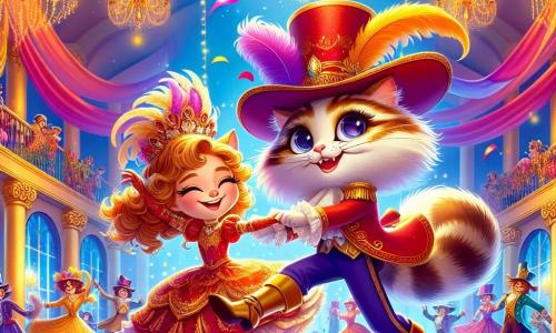 Le Chat botté, un félin élégant aux yeux malicieux, porte un grand chapeau à plume et des bottes brillantes. Il danse joyeusement au centre d'une salle flottante, un sourire illuminant son visage. À ses côtés, la Marquise, une jeune fille d’environ 12 ans, vêtue d’un costume rouge et or, tourne avec grâce, ses cheveux bouclés flottant autour d’elle. La scène se déroule dans une grande salle suspendue, ornée de ballons dorés et de guirlandes colorées, où des lumières scintillantes créent une atmosphère magique. Des invités dansent autour d'eux, remplissant l’espace de rires et de joie. Le Chat botté et la Marquise lancent la première danse du Grand Bal des Égaux, célébrant la liberté d’être soi-même dans un tourbillon de couleurs et de bonheur.