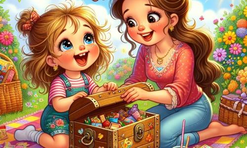 Clara, une petite fille de 6 ans aux cheveux blonds en bataille et aux yeux pétillants, est assise sur une nappe colorée dans un jardin. Elle sourit en tenant une boîte en bois pleine de trésors. À côté d'elle, sa maman, une femme dans la trentaine avec des cheveux bruns en chignon et un sourire chaleureux, regarde la boîte avec émotion, assise sur l'herbe parmi des fleurs éclatantes. Le jardin, rempli de fleurs multicolores et de papillons, sous un ciel bleu clair, crée une atmosphère joyeuse. Clara prépare un pique-nique surprise pour la fête des mères, entourée de biscuits et de jus d'orange, partageant un moment tendre avec sa maman.