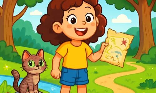 Léna, une petite fille de 8 ans aux cheveux châtains bouclés et aux yeux curieux, se trouve dans une clairière ensoleillée. Vêtue d'un t-shirt jaune vif, d'un short en jean et de baskets rouges, elle affiche un grand sourire tout en tenant une vieille carte au trésor. À ses côtés, son chat Pistache, un félin tigré aux yeux verts, est assis sur une pierre, prêt pour l'aventure. La clairière est entourée d'arbres majestueux, de fleurs colorées et d'un ruisseau scintillant. Léna, enthousiaste, se tient devant trois chemins mystérieux, hésitant à choisir celui qui la mènera au trésor.