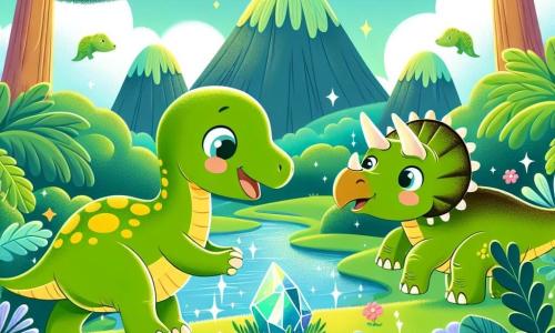 Un petit diplodocus vert avec des taches jaunes se tient joyeusement sous un grand arbre, émerveillé par une pierre brillante qu'il touche avec ses petites pattes. À ses côtés, un petit tricératops marron avec trois cornes admire la scène, souriant amicalement. Le décor est une montagne verdoyante avec des arbres géants, une rivière scintillante et des fleurs colorées. Petit Diplodocus découvre la pierre brillante, prêt à s'envoler, tandis que Petit Tricératops l'encourage, créant une atmosphère de joie et d'amitié.