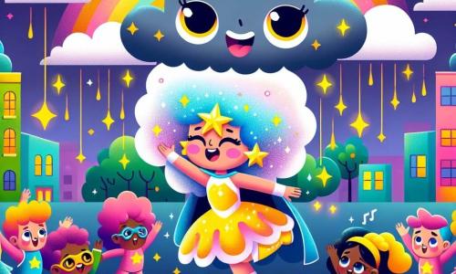 Luminette, une super-héroïne aux cheveux brillants, porte un costume jaune et bleu scintillant. Elle danse joyeusement dans les airs, entourée d'une aura lumineuse. À ses côtés, un nuage gris triste, flottant doucement, cherche de l'aide, tandis que des gouttes de pluie scintillantes tombent de lui. En arrière-plan, une ville colorée avec des bâtiments vifs, des jardins fleuris et des enfants jouant, crée une atmosphère joyeuse. Luminette chante et danse pour redonner le sourire au nuage triste, entourée de ses amis héros qui l'encouragent, créant une scène pleine de magie et d'amitié.
