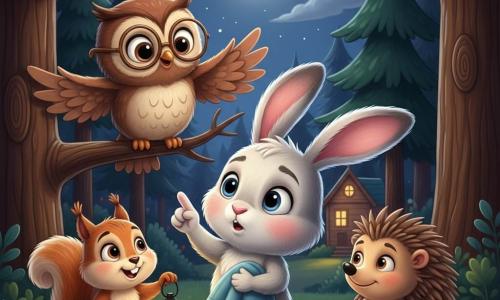 Léo, petit lapin anthropomorphe blanc et gris aux grandes oreilles roses et yeux brillants, tient une petite couverture bleue et pointe le ciel étoilé, l'air un peu inquiet mais curieux ; derrière lui, une chouette maîtresse marron aux lunettes rondes est perchée sur une branche, ailes entrouvertes et sourire tendre ; à gauche, un écureuil roux tenant une lanterne jaune regarde les étoiles, à droite un hérisson brun timide écoute en souriant, pattes jointes. Lieu : clairière forestière nocturne avec herbe douce, pins sombres, lune pâle, ciel étoilé et une petite école en bois éclairée en arrière-plan. Situation : les animaux comptent les étoiles ensemble dans une lumière douce et rassurante.