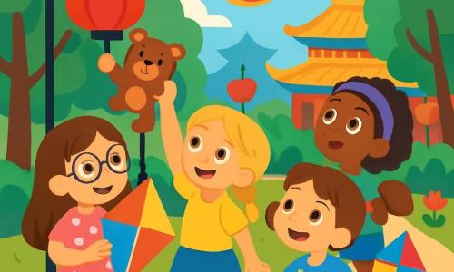 Quatre enfants jouent dans un parc animé de Pékin. Mia, 7 ans, a de longs cheveux bruns, des lunettes rondes et porte une robe rose à pois blancs, tenant un cerf-volant coloré. Lila, 6 ans, avec des cheveux blonds en tresses et un t-shirt jaune, cherche son doudou Nounours accroché à une lanterne. Zoé, 7 ans, cheveux frisés et bandeau violet, porte un short en jean et admire un dragon en papier flottant. Jade, 6 ans, cheveux châtains en couettes et robe à fleurs, rit en tenant un cerf-volant. Lila est au centre de l'attention, tandis que ses amies l'encouragent, créant une ambiance joyeuse et amicale.