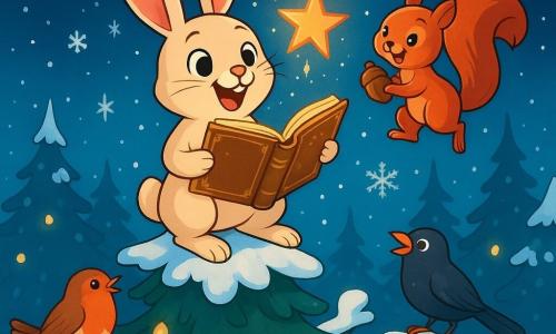 Lila, une petite lièvre au pelage couleur de lait chaud, se tient joyeusement au sommet d'un sapin, ses grandes oreilles dressées et ses yeux pétillants d'excitation. Elle sourit en tenant un livre ancien aux pages dorées, tandis que des flocons de neige tombent autour d'elle. À ses côtés, Milo, un écureuil roux, saute avec enthousiasme, tenant un gland. Plus bas, des oiseaux colorés chantent en harmonie. La scène se déroule dans une clairière magique, entourée de sapins illuminés par des lanternes scintillantes et recouverte de neige. Lila chante une ritournelle joyeuse, entourée de ses amis, alors qu'une étoile descend lentement pour se poser sur son livre, créant une atmosphère chaleureuse et festive.