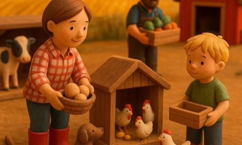 Femme agricultrice souriante aux cheveux courts tenant un panier d’œufs, penchée vers un poulailler miniature où des poules blanches picorent ; un garçon d’environ 6 ans à sa droite porte une caisse en bois vide et observe les poules, un homme d’environ 35 ans barbu aide en arrière-plan avec une caisse de légumes. Un chien jouet en bois est assis à ses pieds et une vache en bois peinte se tient dans l’étable ouverte ; râtelier, perchoirs et quelques œufs visibles. Scène de ferme au crépuscule, lumière dorée, champs de blé stylisés, cabane rouge, râteau et arrosoir sur une table en bois, couleurs chaudes, textures bois mates, perspective en diorama légèrement vue de dessus.