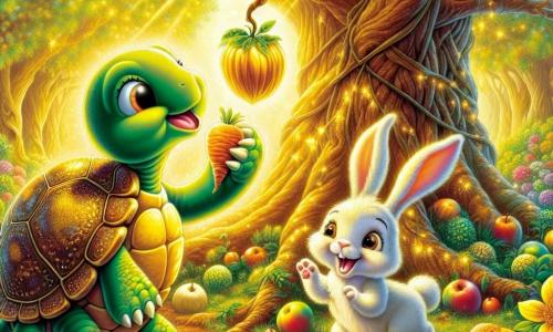 Au centre de l'image, Tilly, la tortue, a une carapace dorée et un sourire joyeux. Elle touche un fruit doré suspendu à un arbre majestueux. À côté d'elle, Roger, le lapin espiègle, avec sa fourrure blanche et une carotte à moitié mangée, saute joyeusement, curieux de découvrir le jardin. Le décor est une clairière enchantée, baignée de lumière dorée, avec un arbre chargé de fruits colorés et des fleurs vibrantes, créant une atmosphère magique. Tilly et Roger, émerveillés, découvrent le trésor de l’amitié dans leur jardin, symbolisant la joie de leur aventure.