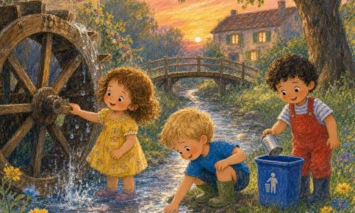 Trois enfants de 3 ans découvrent un ruisseau au crépuscule : Lila, cheveux bruns bouclés en petite robe jaune à fleurs, touche la roue hydraulique en bois à gauche en souriant vers l’eau; Tom, cheveux blonds courts en t‑shirt bleu et bottes vertes, met la main dans le ruisseau au centre en regardant les clapotis; Sami, cheveux noirs frisés en salopette rouge, tient une canette à droite, prêt à la déposer dans une petite poubelle bleue. Le ruisseau clair et peu profond coule en diagonale avec reflets argentés et petites vagues, une grande roue en bois usée mais chaleureuse éclabousse près du bord, herbe verte, fleurs jaunes et bleues, un petit pont et une maison ancienne aux volets verts en arrière-plan, un grand chêne à droite et une lumière douce du soir aux tons pastel créent une atmosphère joyeuse et calme où la roue tournante fait scintiller la lumière.