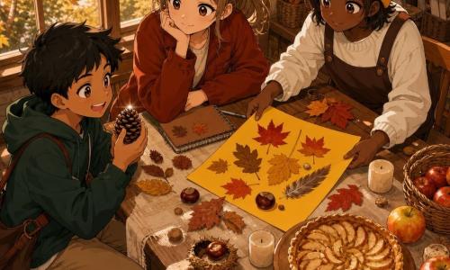 Zoé, 12 ans, sourit doucement en regardant la table, cheveux châtain clair en queue de cheval, veste couleur rouille et carnet spiralé à côté d’elle; Lina, ~12 ans, bonnet jaune vif et cheveux bruns courts, place une grande feuille jaune au centre; Sami, ~12 ans, sac en bandoulière et sweat vert foncé, accroupi à gauche, tient une pomme de pin brillante en riant; table en bois brut près d’une grande fenêtre d’où tombent des feuilles orange et rouges, nappe crème, petites bougies éteintes et tarte aux pommes tiède sur un plateau, nombreux objets d’automne (feuilles séchées de chêne et d’érable, glands, marrons, plume grise, pommes fraîches); lumière douce de fin d’après-midi avec reflets dorés sur les feuilles, textures chaudes; composition centrée sur la table en légère plongée, expressions amicales et complices, palette ocres, rouges, bruns et touches de jaune; style manga clair, traits nets, yeux expressifs, rendu illustratif adapté aux enfants de 12 ans.