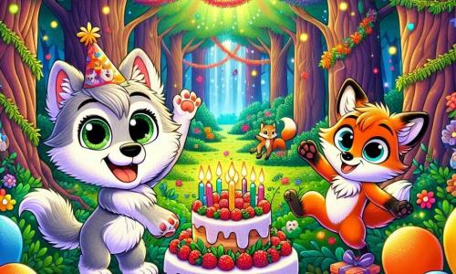Léo, un petit loup aux yeux brillants et au pelage gris, se tient au centre d'une forêt enchantée, souriant. Il porte un chapeau de fête et tient un gâteau d'anniversaire décoré de bougies. À côté de lui, Félix, un renard aux poils roux, saute de joie avec un paquet cadeau. La forêt est remplie d'arbres majestueux, de guirlandes lumineuses, de ballons colorés et d'un grand gâteau sur une table en bois, entouré de fleurs. Léo et Félix sont entourés de leurs amis animaux, tous joyeux, célébrant l'anniversaire de Léo dans une atmosphère magique.