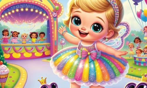 Zoé, une petite fille de 2 ans, porte une robe arc-en-ciel scintillante et un chapeau de fée. Elle a de grands yeux brillants et un sourire radieux, sautant joyeusement avec excitation. À côté d'elle, une grenouille violette avec une couronne en papier se tient sur son épaule. Le carnaval se déroule dans un parc enchanté, rempli de ballons colorés, de guirlandes lumineuses et de stands de friandises. Des enfants rient et dansent autour d'une scène décorée de fleurs géantes et de confettis. Zoé et la grenouille cherchent le rire perdu du carnaval, prêtes à vivre une aventure magique.