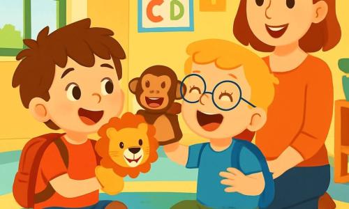 Lucas, un garçon de 4 ans aux cheveux bruns en désordre, porte un t-shirt et un sac à dos rouges. Il est assis sur un tapis doux avec une marionnette en forme de lion. À côté de lui, Max, également âgé de 4 ans, a des cheveux blonds, des lunettes rondes, un t-shirt et un sac à dos bleus. Ils jouent ensemble avec leurs marionnettes, riant tout en écoutant leur maîtresse, Madame Sophie, qui les observe avec un sourire. La scène se déroule dans une salle de classe lumineuse aux murs jaunes, décorée d'affiches colorées et d'un grand tapis moelleux entouré de jouets et de livres.