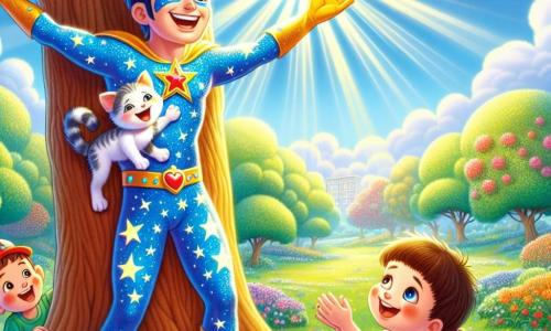 Zoum, un super-héros en costume bleu avec des étoiles, sourit joyeusement en tenant un petit chat sur une branche d'arbre. À ses pieds, un garçon de 7 ans aux cheveux bruns admire Zoum en levant les bras, tandis qu'une fille de 6 ans avec des tresses et une robe jaune applaudit, souriante. La scène se déroule dans un parc verdoyant avec des arbres, des fleurs et un ciel bleu. Zoum vient de sauver le chat coincé, célébré par les rires et applaudissements des enfants.