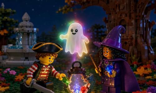 Trois personnages dans un parc nocturne d'automne en décor LEGO : Léo, ~8 ans, déguisé en pirate agenouillé à gauche de la lanterne en train de poser une pierre verte ; Mia, ~7 ans, déguisée en sorcière, debout à droite, tenant une pierre bleue brillante et souriant ; et Gaston, petit fantôme translucide flottant au-dessus de la lanterne. Les enfants insèrent des pierres précieuses dans une lanterne cassée qui s'illumine d'une douce lumière multicolore, projetant des reflets colorés sur leurs visages et les feuilles autour, ambiance magique et chaleureuse.