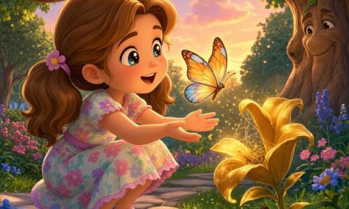 Lila, 6 ans, châtain clair en couettes, émerveillée, accroupie et tendant la main vers une grande fleur dorée veloutée au centre d'un parterre sombre; un papillon orange et bleu s'envole au‑dessus de sa main après avoir été libéré d'une petite toile. En arrière‑plan, arbres aux troncs larges et feuillage profond, allée de pierres, fleurs multicolores, herbe couverte de rosée et ciel de coucher de soleil pêche et lavande; ambiance chaleureuse et magique, lumière douce mettant en valeur la fleur et le visage de Lila.