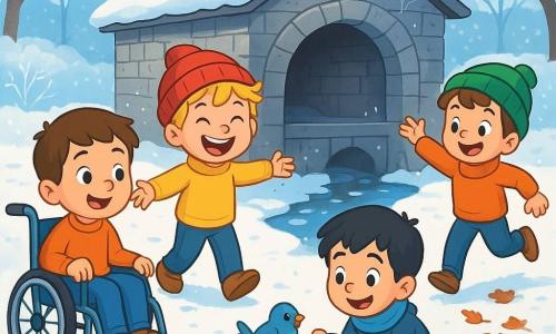 Quatre enfants jouent près d'un lavoir ancien : Léo, un garçon de 5 ans en fauteuil roulant, sourit en traçant des chemins dans la neige ; Tom, aussi âgé, montre le champ de givre avec un grand sourire ; Sami, accroupi, tient une miette de biscuit pour un oiseau ; et Marc, en train de sauter joyeusement. Le lavoir est entouré de pierres grises et de givre, avec une fine couche de neige au sol. En arrière-plan, des arbres dénudés se dressent sous un ciel bleu clair, et un ruisseau coule doucement avec des plaques de glace. Les enfants partagent des miettes avec un oiseau, créant un moment chaleureux au cœur de l'hiver.