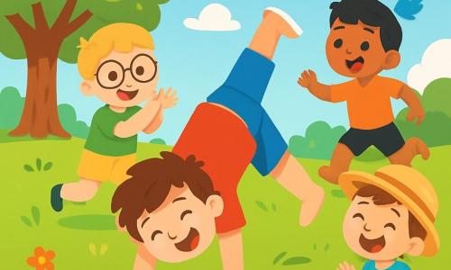 Quatre enfants jouent dans un parc ensoleillé. Léo, 4 ans, fait une roue sur l'herbe, portant un t-shirt rouge et un short bleu. Max, également 4 ans, applaudit à côté de lui, vêtu d'un t-shirt vert et d'un short jaune. Sami, 4 ans, s'élance pour faire une galipette, avec un t-shirt orange et un short noir. Tom, 4 ans, est assis sur l'herbe, riant et encourageant ses amis, portant un t-shirt bleu clair et un short rouge. L'atmosphère est joyeuse, illustrant le plaisir de jouer ensemble.