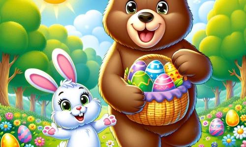 Un ours brun nommé Grizzly, au pelage doux et aux yeux pétillants, se tient dans une clairière ensoleillée, souriant et tenant un panier d'œufs colorés. À ses côtés, un petit lapin blanc aux grandes oreilles, sautillant de joie, montre une carte en forme de feuille. La clairière est entourée d'arbres aux feuilles vertes, de fleurs multicolores et d'un ciel bleu clair avec quelques nuages. Grizzly et le lapin découvrent ensemble des œufs de Pâques brillants cachés parmi les fleurs, dans une ambiance festive.