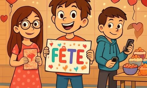 Quatre enfants préparent une fête de la Saint-Valentin dans une salle de sport décorée de guirlandes et de ballons. Valentin, 12 ans, souriant, tient une affiche colorée. Léa, également 12 ans, à côté de lui, montre une carte d'invitation. Sam, avec un smartphone, teste la musique en retrait. Chloé, à l'arrière, accroche des guirlandes de cœurs. L'ambiance est festive et joyeuse, marquée par des rires et une atmosphère d'amitié.