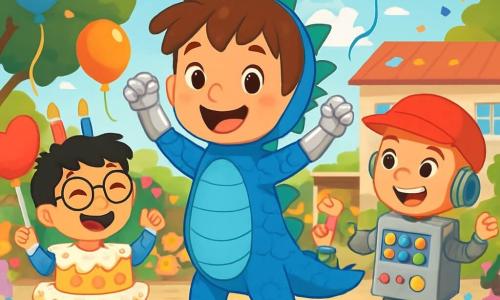 Il y a trois personnages : Tom, un garçon de 8 ans avec des cheveux bruns en bataille, portant un costume de dragon avec des écailles bleues et des bras de robot en aluminium, se tient au centre, souriant et levant les bras. Sami, un garçon de 7 ans avec des cheveux noirs et des lunettes rondes, est à gauche de Tom, vêtu d’un costume de gâteau coloré avec des bougies en papier, riant et tenant un ballon en forme de cœur. Léo, un garçon de 8 ans avec des cheveux blonds et une casquette rouge, se trouve à droite de Tom, habillé d’un costume de robot avec des lumières clignotantes, faisant des mouvements de robot. Le lieu est une cour d'école ensoleillée, décorée de guirlandes multicolores et de ballons flottants, où des enfants dansent et rient autour d'une scène en bois, avec des confettis dans l'air. Tom, Sami et Léo dansent joyeusement ensemble, entourés d'autres enfants déguisés, célébrant le carnaval dans une atmosphère festive et magique.