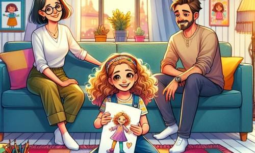 Dans un salon chaleureux, Camille, une fille de dix ans aux cheveux bouclés et aux yeux pétillants, est assise sur un tapis coloré avec un dessin dans les mains. Sa mère, souriante avec des cheveux châtains et des lunettes rondes, la regarde tendrement depuis le canapé. Son père, aux cheveux bruns et à la barbe légère, se tient près de la fenêtre, les mains dans les poches, affichant un sourire encourageant. Le salon, décoré de couleurs vives avec des coussins moelleux et des dessins d'enfants aux murs, est baigné d'une lumière douce. Camille partage fièrement son dessin avec ses parents, qui, bien que séparés, montrent leur amour et leur soutien, illustrant un moment de connexion familiale.