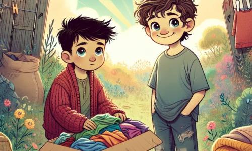 Lucas, un garçon de 12 ans aux cheveux châtains en bataille et aux yeux curieux, se tient dans un jardin en désordre, souriant. Il porte un t-shirt bleu usé et un short en jean, tenant une boîte en carton remplie de vêtements colorés. À ses côtés, Sami, également âgé de 12 ans, aux cheveux noirs et aux yeux sombres, le regarde avec admiration, vêtu d'un pull rouge trop grand. Ils sont entourés de sacs de vêtements et de jouets destinés à des familles dans le besoin. Le jardin, avec des fleurs fanées et des mauvaises herbes, est délimité par une vieille clôture en bois. Bien que le ciel soit légèrement nuageux, un rayon de soleil illumine la scène. Lucas et Sami, engagés dans une collecte de solidarité, affichent détermination et espoir, prêts à aider leur quartier.