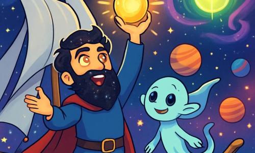 Un homme nommé Orion, avec une barbe noire scintillante et des yeux dorés, se tient sur le pont de son vaisseau vivant, l'Astrolune. Il exprime détermination et émerveillement en levant les bras vers le ciel étoilé, entouré de voiles d'argent. À ses côtés, Lumis, une créature mi-fantôme, mi-lutin, observe Orion avec un sourire bienveillant. Le cosmos est rempli de nébuleuses colorées, d'étoiles scintillantes et de planètes aux teintes vives. L'Astrolune, vaisseau fait d'argent vivant et de bois lunaire, glisse à travers des courants de poussière d'étoiles. Orion chante en levant l'Artefact de l'Aube, une sphère de lumière dorée, vers l'étoile endormie Mirélys, émettant une lueur verte et or, entourée de gaz violet, tandis que des lucioles stellaires dansent autour d'eux.
