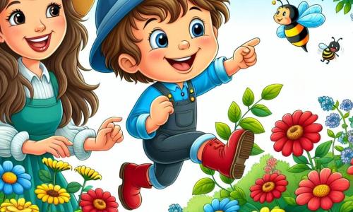 Un petit garçon de 4 ans, Lucas, avec des cheveux bruns en désordre et un grand sourire, porte une casquette bleue et des bottes rouges. Il saute de joie dans un jardin coloré, entouré de fleurs éclatantes. Sa maman, une femme d'une trentaine d'années avec des cheveux longs et bruns, est à côté de lui, souriante et vêtue d'une robe légère. Elle observe Lucas avec tendresse tout en pointant une abeille qui vole autour des fleurs. Le jardin est baigné de lumière, avec des arbres aux feuilles vertes et un ciel bleu parsemé de nuages blancs. Des oiseaux chantent dans les branches, et une coccinelle se pose sur une feuille à proximité. La scène montre Lucas émerveillé par la beauté du printemps et interagissant joyeusement avec la nature.