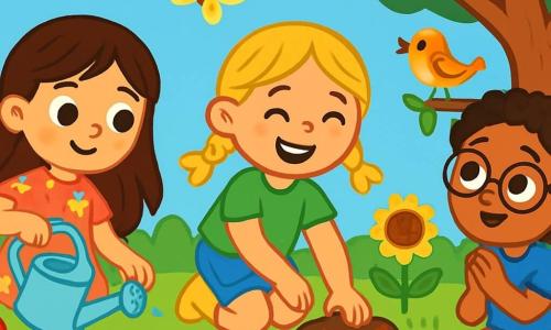 Trois personnages sont présents : Lou, une fille de 8 ans avec de longs cheveux bruns, portant une robe à fleurs et un arrosoir ; Mia, une fille de 7 ans avec des cheveux blonds en tresses, vêtue d'un t-shirt vert et d'un short en denim, plantant des graines ; et Zoé, une fille de 8 ans avec des cheveux frisés et des lunettes rondes, en t-shirt bleu et pantalon rose, observant un oiseau. Elles se trouvent dans un jardin coloré avec des fleurs éclatantes et un grand arbre. Les filles travaillent ensemble pour créer un coin spécial pour les insectes et les oiseaux, entourées d'outils de jardinage, souriantes et heureuses de protéger la nature.
