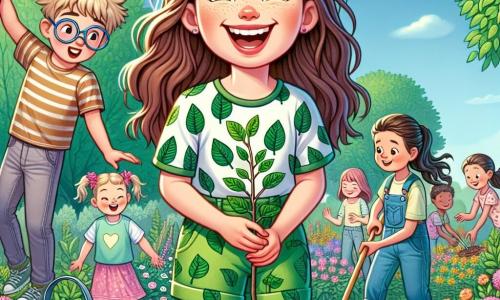 Lily, une fille de 10 ans aux longs cheveux bruns et aux yeux curieux, se tient souriante au centre de l'image, en train de planter un jeune arbre dans le jardin de l'école. Elle porte un t-shirt vert et un short en jean, avec les mains pleines de terre. À côté d'elle, Tom, son ami aux cheveux blonds et lunettes rondes, tient une petite pelle, concentré sur son travail. En arrière-plan, le jardin est rempli de fleurs colorées et de buissons, sous un ciel bleu avec quelques nuages. D'autres enfants plantent des fleurs et arrosent des arbres, créant une atmosphère joyeuse et collaborative. La scène illustre une journée ensoleillée et l'importance de prendre soin de l'environnement.