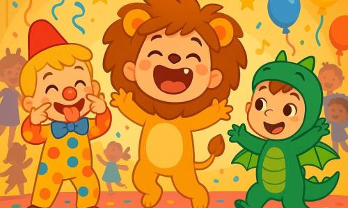 Il y a trois personnages : Max, un garçon de 3 ans avec des cheveux bruns en bataille, portant un costume de lion doré et rugissant joyeusement ; Léo, un garçon de 4 ans avec des cheveux blonds, habillé en clown coloré et faisant une grimace amusante ; et Tom, un garçon de 3 ans avec des cheveux châtains, en costume de dragon vert et battant des bras comme s'il volait. L'action se déroule dans une grande salle de carnaval décorée de ballons, guirlandes et étoiles dorées, avec un sol recouvert de confettis. Les trois amis dansent ensemble sur une scène, créant une ambiance festive.